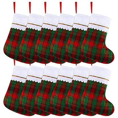Christmas Stockings Set with Red and Green Plaid Pattern - 12 Pack Holiday Decor