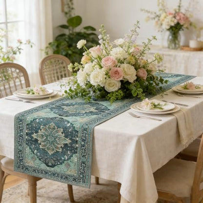 Teal and Blue Boho Floral Summer Table Runner 13x90 Inches for Home & Party Decor
