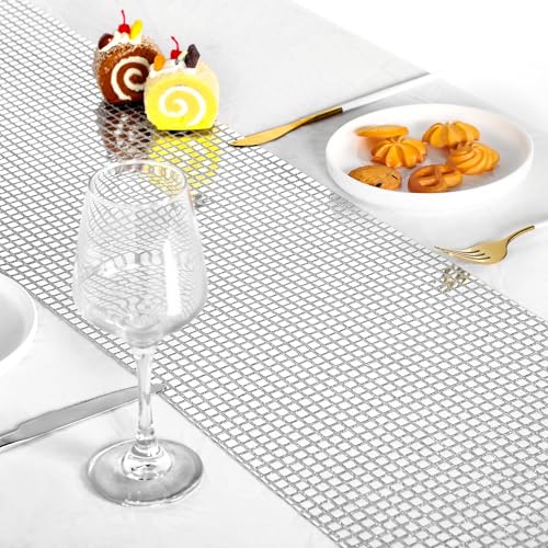 Silver Disco Party Table Runner 6 Pack, 11 x 108 Inch Glitter Sequin Decor