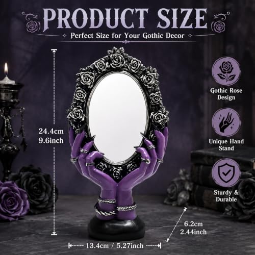 Purple Gothic Vanity Mirror with Witchy Hands and Black Rose Frame - Spooky Home Decor