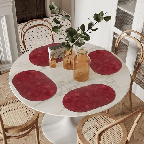 ADRIMER Oval Faux Leather Placemats Set of 8 - Wipeable Wine Red