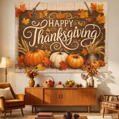 Thanksgiving Rustic Wood Banner Tapestry - Fall Decor, 44x60in, Variation of Wood Board Pumpkin