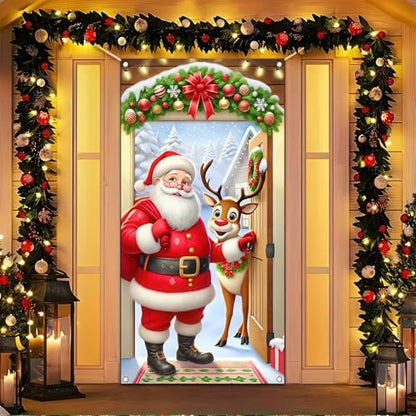 Christmas Door Cover Santa Reindeer Winter Wonderland 35x71 Inch Polyester