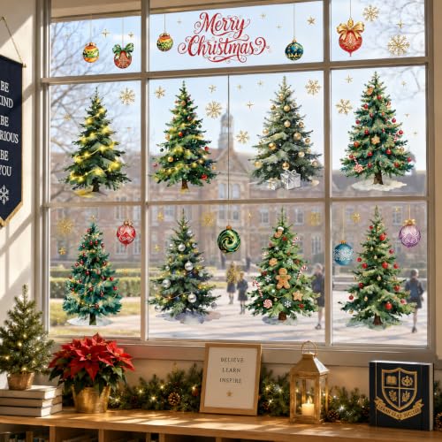 Large Christmas Window Clings - Watercolor Retro Holiday Tree Decor 35.4"