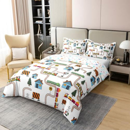 Children's Car Race Track Duvet Cover Set - Twin Cotton Bed Bedding with Cartoon Cars - Blue & Red Brown Orange Variation
