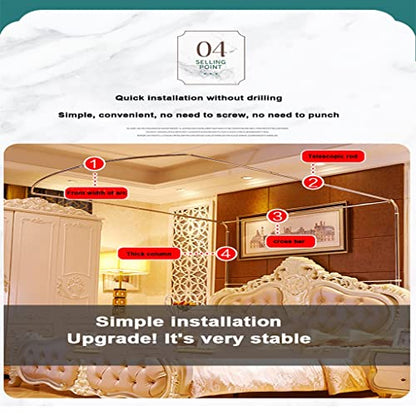 Telescopic U-Shaped Mosquito Net Canopy for King Bed with 3 Doors - White 78.7"W x 90.6"L