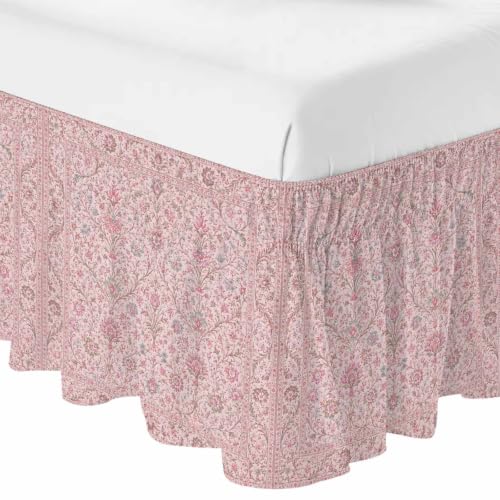 Pink Floral Boho King Size Bed Skirt 16 Inch Drop Adjustable Elastic Dust Ruffle