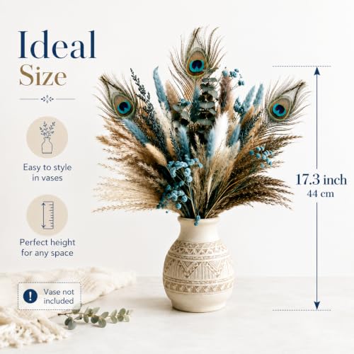 Teal Blue Turquoise Boho Bouquet with Dried Pampas Grass - 75 Pcs