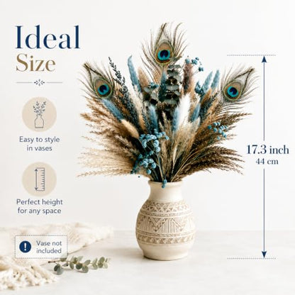 Teal Blue Turquoise Boho Bouquet with Dried Pampas Grass - 75 Pcs