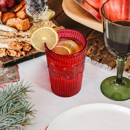 12 Pcs Vintage Highball Glass Set - 12oz & 9oz Embossed Ribbed Tumblers, Sunflower Pattern, Christmas Red (Variation: Red)