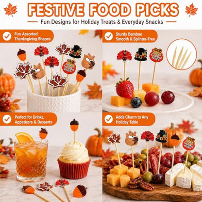 100 Pcs Fall Cocktail Picks with Autumn Leaf Pumpkin & Acorn Designs