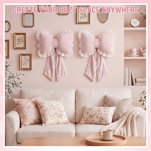 Pink Bow Pillow Set - Ruffled Dutch Velvet Decorative Cushions for Girls Room