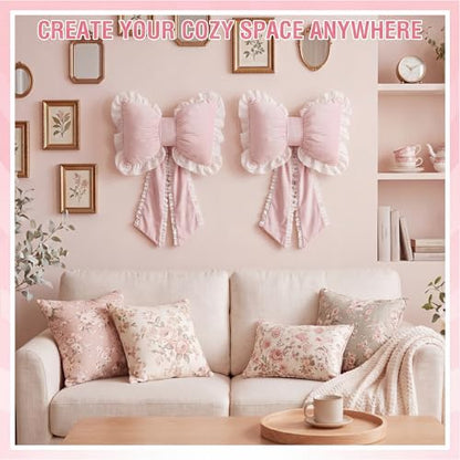 Pink Bow Pillow Set - Ruffled Dutch Velvet Decorative Cushions for Girls Room