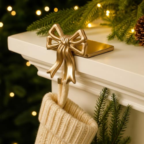 Christmas Stocking Holder Set - Double Gold Bow Cast Iron, 2 Pcs