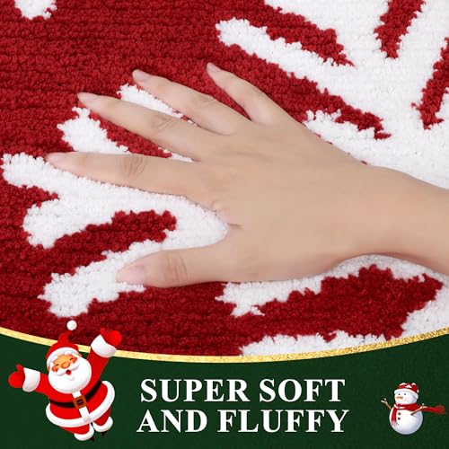Christmas Bathroom Rugs Set 2 Piece Non Slip Microfiber Shaggy Snowflake Bath Mats - 18x26 + 18x48 Inches