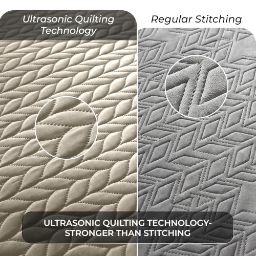 Queen Size Leaf Embossed Quilt Set with Pillow Shams - Beige, 90x96, Reversible