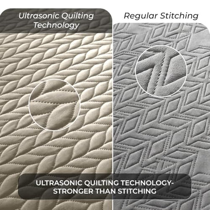 Queen Size Leaf Embossed Quilt Set with Pillow Shams - Beige, 90x96, Reversible