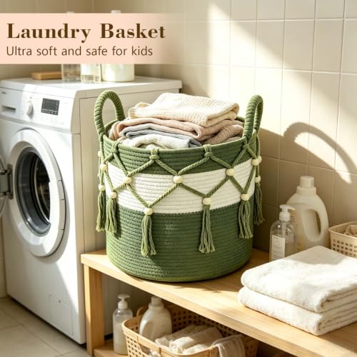 Green Cotton Rope Blanket Basket for Living Room Storage & Toy Organizer