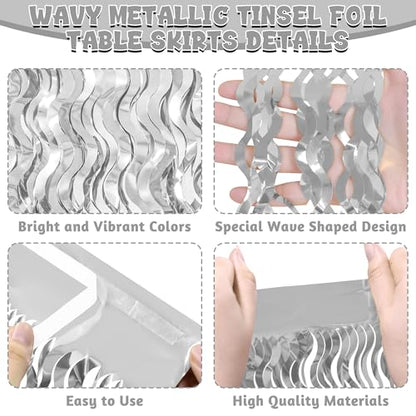 Silver 2 Pack Metallic Grass Table Skirts for Party Decorations