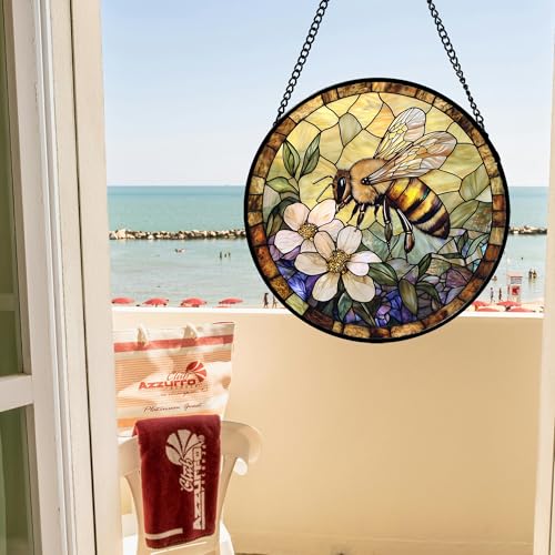 7.8 Inch Stained Glass Window Hanging Bee Suncatcher with Artistic Design - Yellow