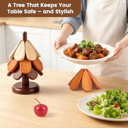 Wooden Tree Trivet Set with Stand - Christmas Kitchen Decor