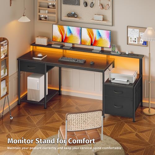 55 Inch Computer Desk with File Drawer and RGB LED Lights - Dark Black
