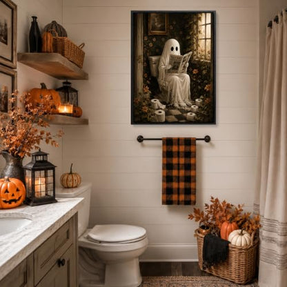 Halloween Ghost Wall Art Canvas Print - Reading Ghost in Bathroom 8x10
