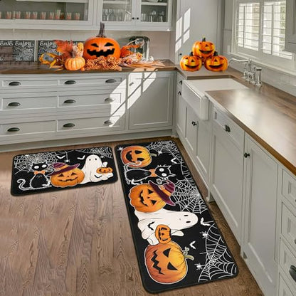 Halloween Kitchen Rugs Set of 2 - Non Slip Pumpkin Cats Ghosts 17x47.2 +17x30 Inches