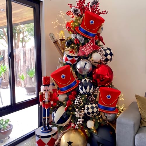 Christmas Nutcracker Tree Topper with Red & Blue Velvet Hat - Regal Holiday Decor