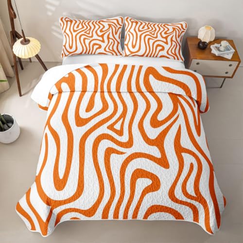 Orange White Twin Geometric Quilt Set with Pillowcase - Modern Wave Lines Bedspread