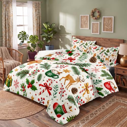 Christmas Queen Comforter Set for Girls - Holiday Tree Bedding, White & Green, Queen Size