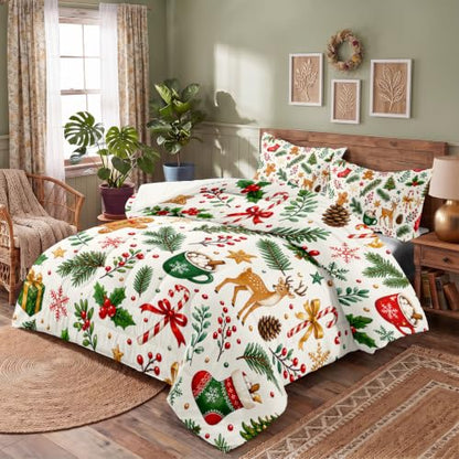 Christmas Queen Comforter Set for Girls - Holiday Tree Bedding, White & Green, Queen Size