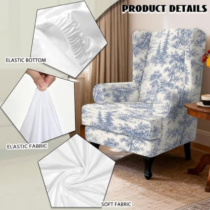 Blue Toile De Jouy Wingback Chair Slipcover Set - Stretch Washable Armchair Protector
