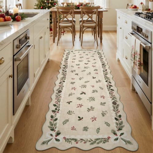 LIVEBOX Christmas Runner Rug for Kitchen 2x6 Beige Washable Non Slip Floral Bow Scalloped Edge