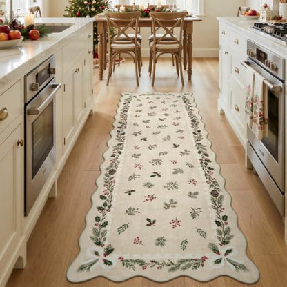 LIVEBOX Christmas Runner Rug for Kitchen 2x6 Beige Washable Non Slip Floral Bow Scalloped Edge