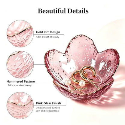 2 Pcs Flower Glass Jewelry Dish Set - Deep Pink & Deep Green Decorative Trinket Holders
