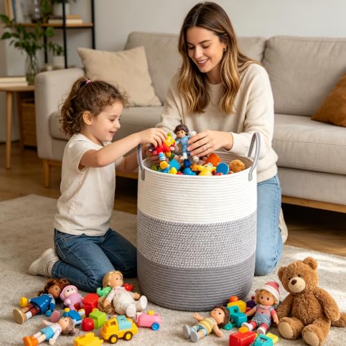 Large Woven Rope Laundry Hamper with Handles - Grey, 70L