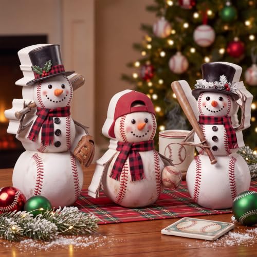 3 Pcs Baseball Snowman Christmas Figurines - Farmhouse Holiday Decor