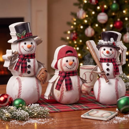 3 Pcs Baseball Snowman Christmas Figurines - Farmhouse Holiday Decor