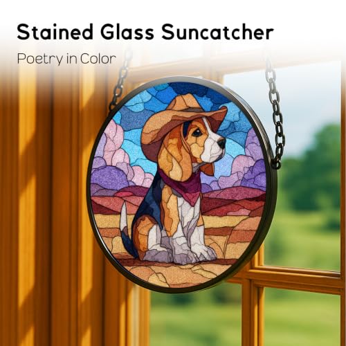 6.3 Inch Beagle Dog Cowboy Hat Stained Glass Window Hanging Sun Catcher - Indoor Decor