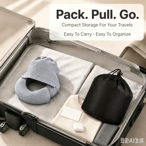 Travel Neck Pillow with Hood Memory Foam Support Washable Cover Storage Bag