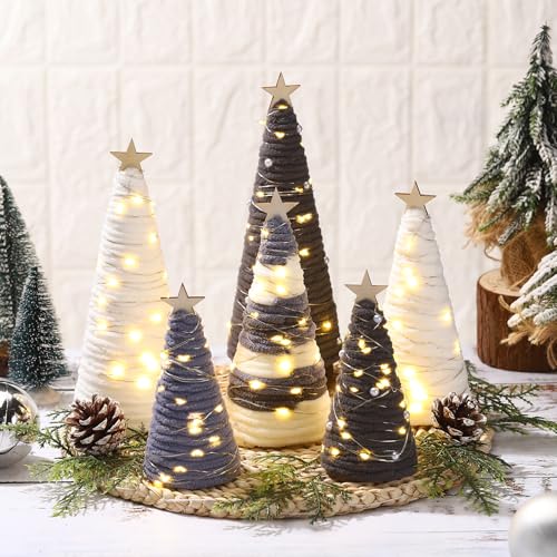 Gray Yarn Cone Christmas Trees with LED Lights & Star Centerpiece - Set of 6
