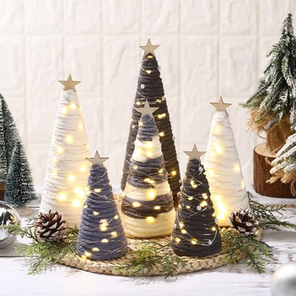 Gray Yarn Cone Christmas Trees with LED Lights & Star Centerpiece - Set of 6