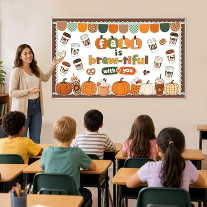 Fall Bulletin Board Decor Set with Coffee Cup & Autumn Cutouts for Classroom