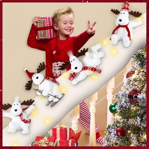Christmas Reindeer Staircase Decorations Set 4PCS with LED String Lights - Holiday Home Decor