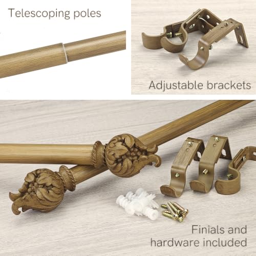 Faux Wood Curtain Rod 72-144 Inches Telescoping Heavy Duty with Finials