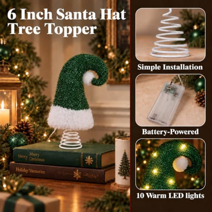 Christmas Tree Topper - 6 Inch Green Santa Hat for Holiday Decor - Timer & Battery Operated