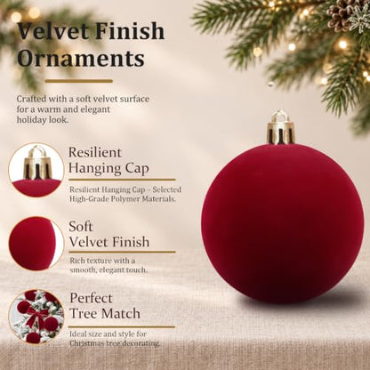Red Velvet Christmas Ball Ornaments Set - 3.15 Inch, 16 pcs, Decorative Holiday Decor