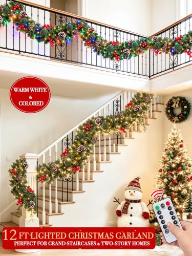 12 Ft Prelit Christmas Garland with Remote Control, 8 Modes & Timer, Warm White & Color Lights