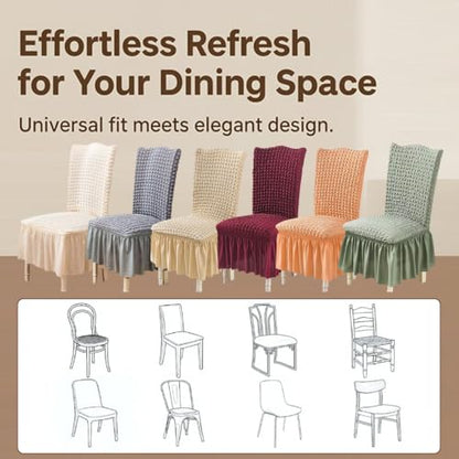 Stretchable Dining Chair Slipcover with Skirt Bubble Texture Khaki